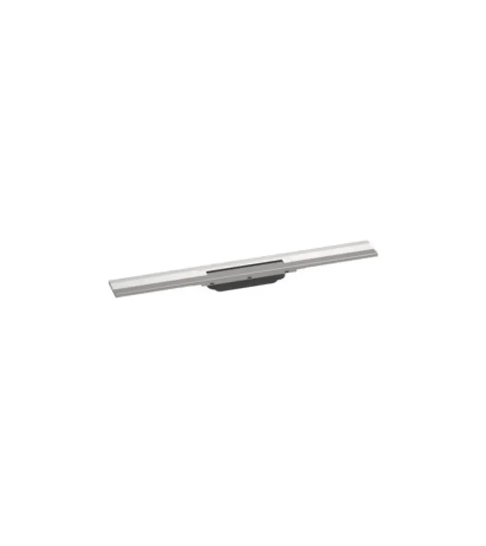 Hansgrohe Duschrinne aus gebürstetem Edelstahl, längliche Bauform. Das Produkt ist für die Wandmontage geeignet und kann in der Länge angepasst werden.